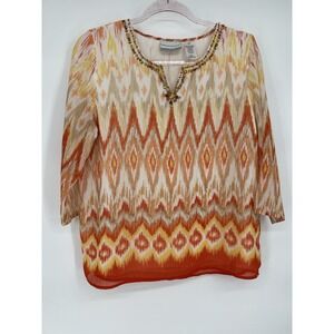 Alfred Dunner Petite Women's Blouse Size 10P Lined Sheer Sleeves Orange White